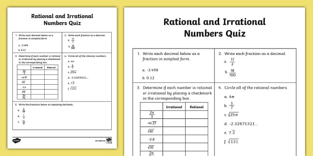 Eighth Grade Rational And Irrational Numbers Quiz Twinkl