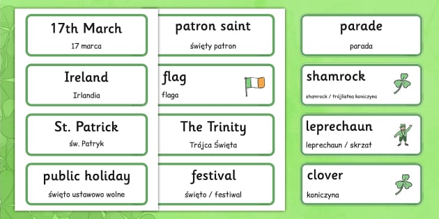 St. Patrick's Day Topic Word Cards Polish Translation