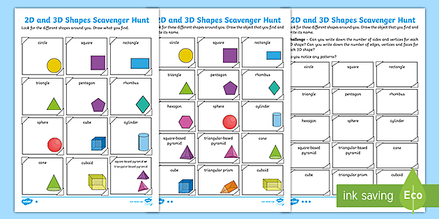 2d And 3d Shapes Differentiated Scavenger Hunt Worksheets