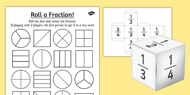 year 2 roll a fraction worksheet activity sheet activities