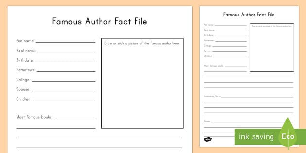 Famous Author Fact File Worksheet Activity Sheet World Book Day Famous