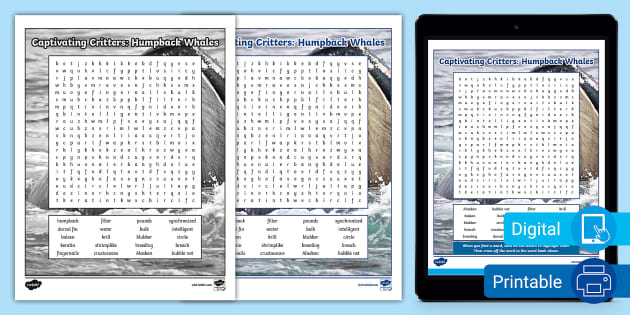 Eighth Grade Captivating Critters Humpback Whales Word Search Activity