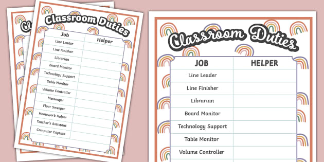 Muted Rainbow Themed Classroom Duties Display Poster