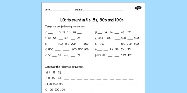 Counting in 4s, 8s, 50s and 100s Worksheet - Twinkl
