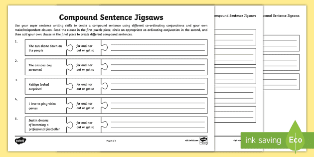 What Is a Compound Sentence?: Compound Sentence Jigsaw Worksheet /  Worksheets