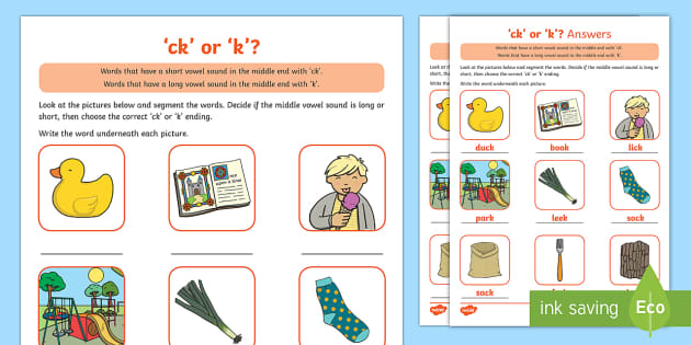 Sound of letter c and k-Words Ending in 'ck' or 'k' Activity