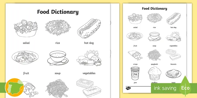 A2 Diccionario para colorear: La comida en inglés - Twinkl