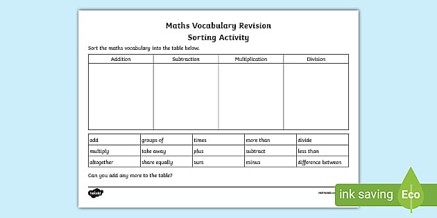 maths vocabulary revision sorting worksheet worksheet
