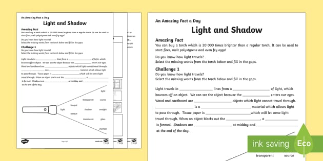 KS2 Light and Shadows Worksheet (teacher made)