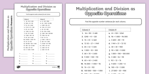 Multiplication and Division as Opposite Operations Activity Sheet