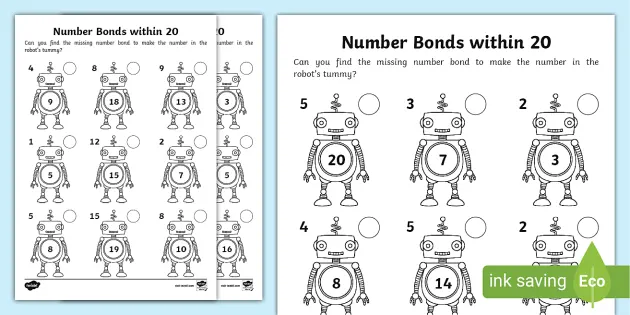 number bonds within 20 on robots worksheet teacher made