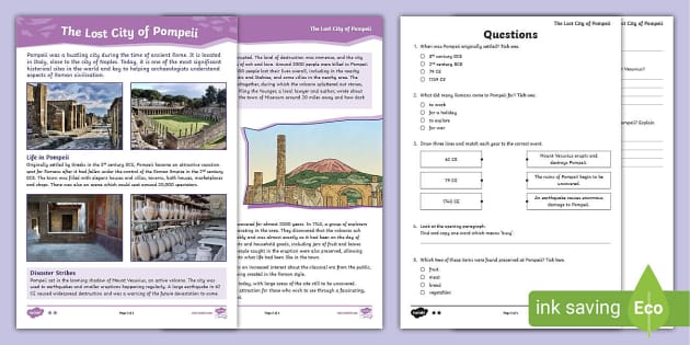LKS2 Pompeii Reading Comprehension PDF - Pompeii Worksheets