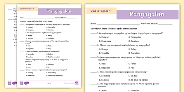 Grade 4 Filipino Quiz - Pangngalan (teacher made) - Twinkl