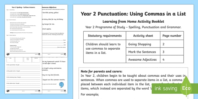 Year 2 Punctuation Commas In A List Activity Booklet Yr 2