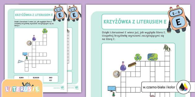 Krzyżówka z Literusiem E | Piszemy wyrazy na literę E