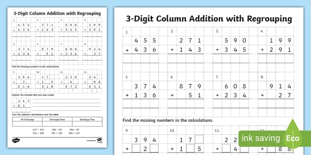 column addition problem solving year 3