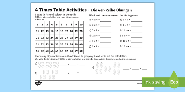4 Times Table Worksheet Worksheet English German Eal German 4 Times