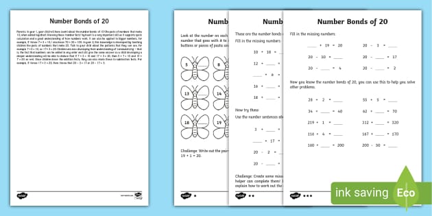 Year 2 Maths Number Bonds of 20 Homework Worksheet - Twinkl