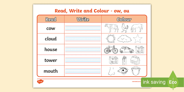 ow and ou worksheets pdf read write and colour activity
