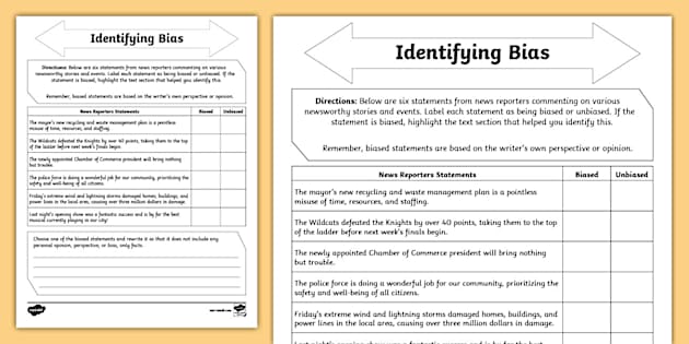 Identifying Bias Worksheet for 6th-8th Grade (teacher made)