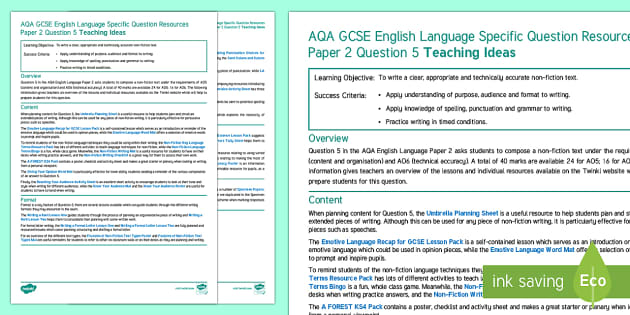 GCSE AQA GCSE English Language Paper 2 Question 5 Teaching Ideas