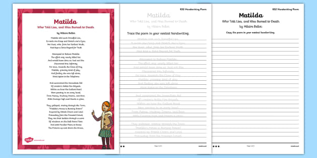 Matilda Cautionary Tale Handwriting Poem Pack (teacher made)