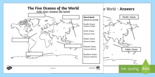 The Five Oceans Labelling Map Worksheet / Worksheet English/Romanian