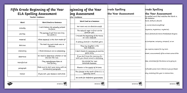 Fifth Grade Beginning of the Year ELA Spelling Assessment