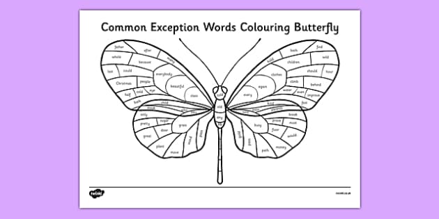 Year 2 Common Exception Words Colouring Butterfly - Twinkl