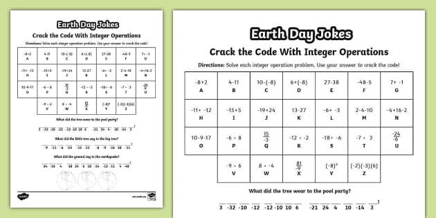 Earth Day Jokes Crack the Code With Integer Operations for 6th-8th Grade