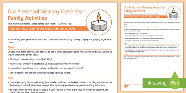 Psalm 119:105 Memory Verse Family Worksheet   Worksheet