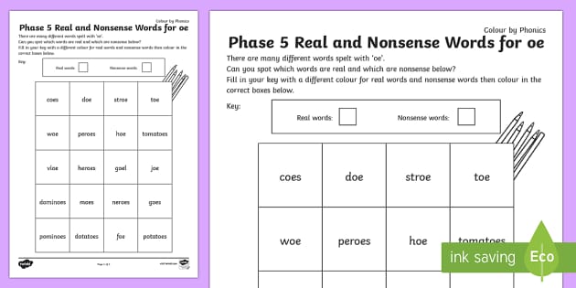 worksheet phoneme n and Real by 5 Colour Words Phoneme Phase 'oe' Nonsense