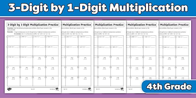 Fourth Grade 3-Digit by 1-Digit Multiplication Practice Worksheets