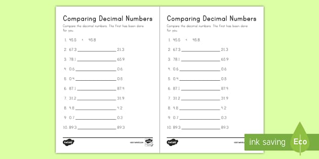 Comparing Decimals Worksheet | Math Teaching Resources 3-5