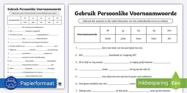 Persoonlike Voornaamwoorde Aktiwiteit