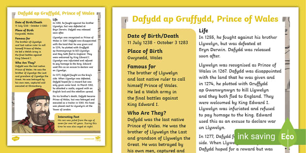 Dafydd ap Gruffydd Fact File (teacher made) - Twinkl