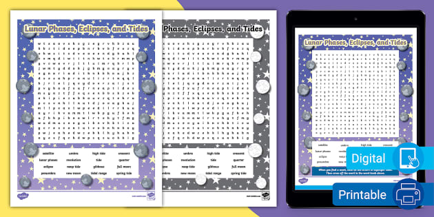 Lunar Phases Eclipses and Tides Word Search for 6th 8th