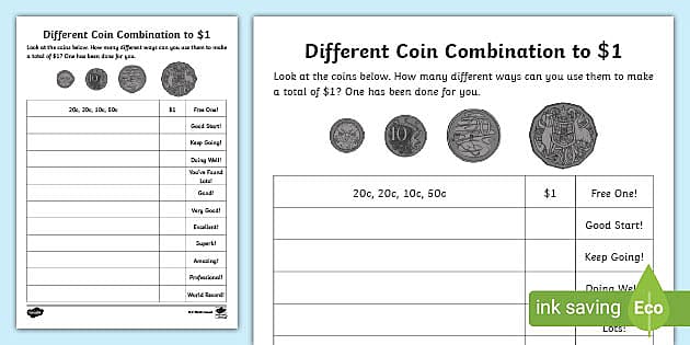 Different Coin Combination to $1 Worksheet (Teacher-Made)