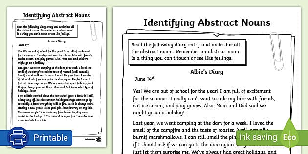 Underline Abstract Nouns Worksheet