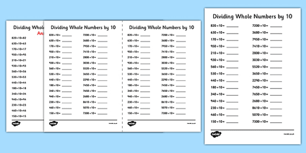dividing whole numbers by 10 a5 worksheet worksheet