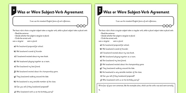 Was Or Were Subject Verb Agreement Differentiated Worksheet