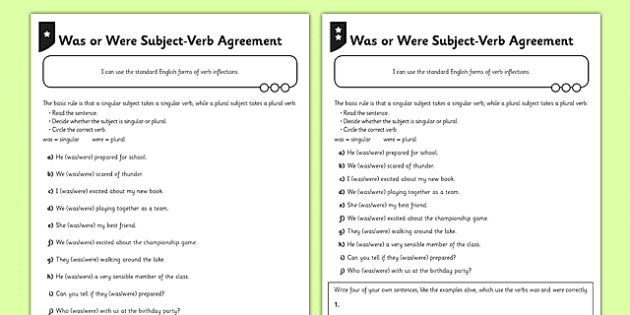 was or were subject verb agreement differentiated worksheet