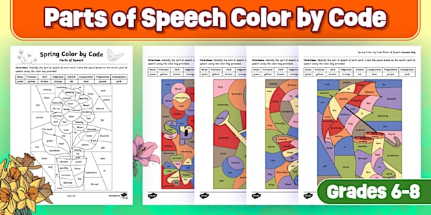 Spring Color by Code Parts of Speech Worksheets for 6th-8th Grade