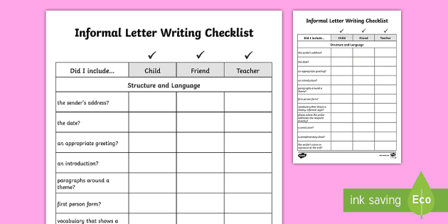 Y5 Y6 Informal Letter Writing Checklist Features