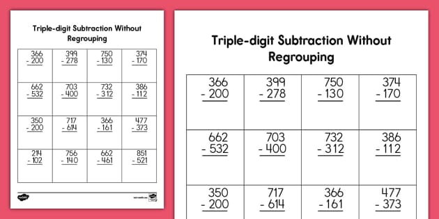 Second Grade Triple digit Subtraction Without Regrouping Activity