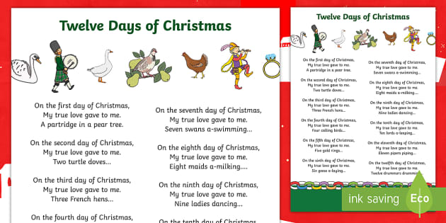 12 Days of Christmas Lyrics | Printable Sheet (Teacher-Made)