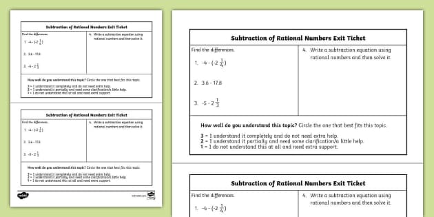 Seventh Grade Subtraction of Rational Numbers Exit Ticket
