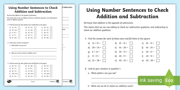 number sentence worksheets