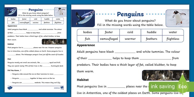 Penguins Cloze Activity Teacher Made Twinkl