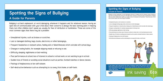 Spotting The Signs Of Bullying Parent And Carer Information Sheet